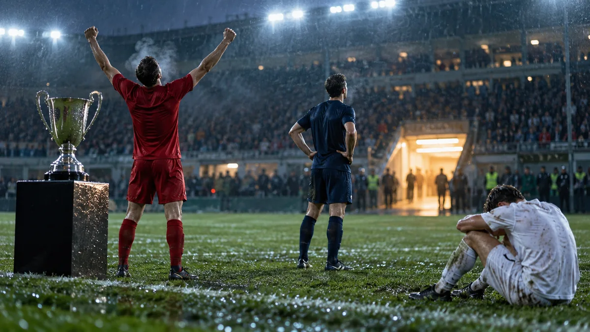 Kolme jalkapalloilijaa sateisella stadionilla, joista punapukuinen juhlii kädet koholla pokaalin vieressä, sinipukuinen seisoo kädet lanteilla ja valkopukuinen istuu nurmella pää painuksissa.